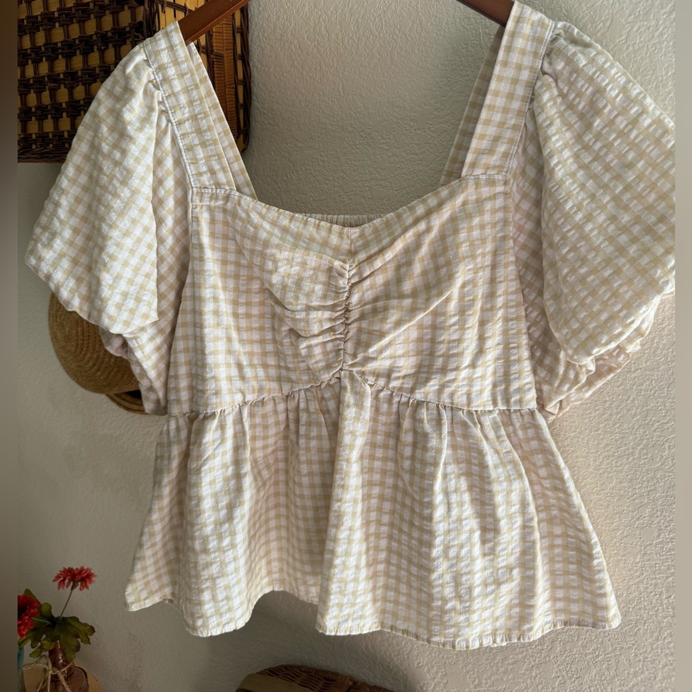 Old Navy Peplum Puff Sleeve Gingham Top XL